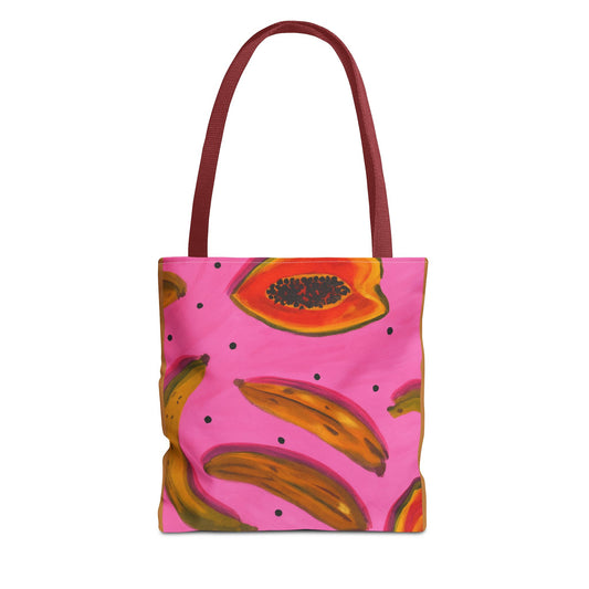 Tote bag with tropical fruit design on a pink background brown strap