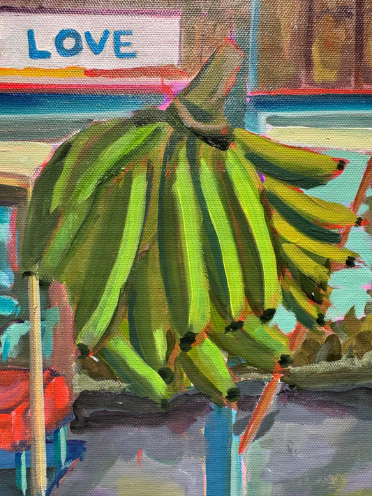 Close-up painting of green bananas against a colorful Jamaican market background, capturing the tropical vibe