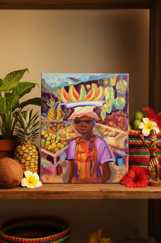 staged painting of man with watermelon on his head