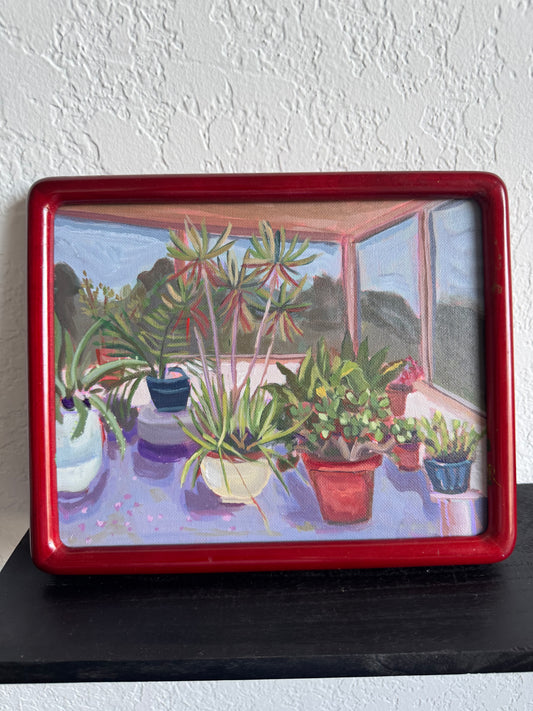 Framed painting of a sunroom with potted plants on a white wall. greenhouse painting acrylic painting
