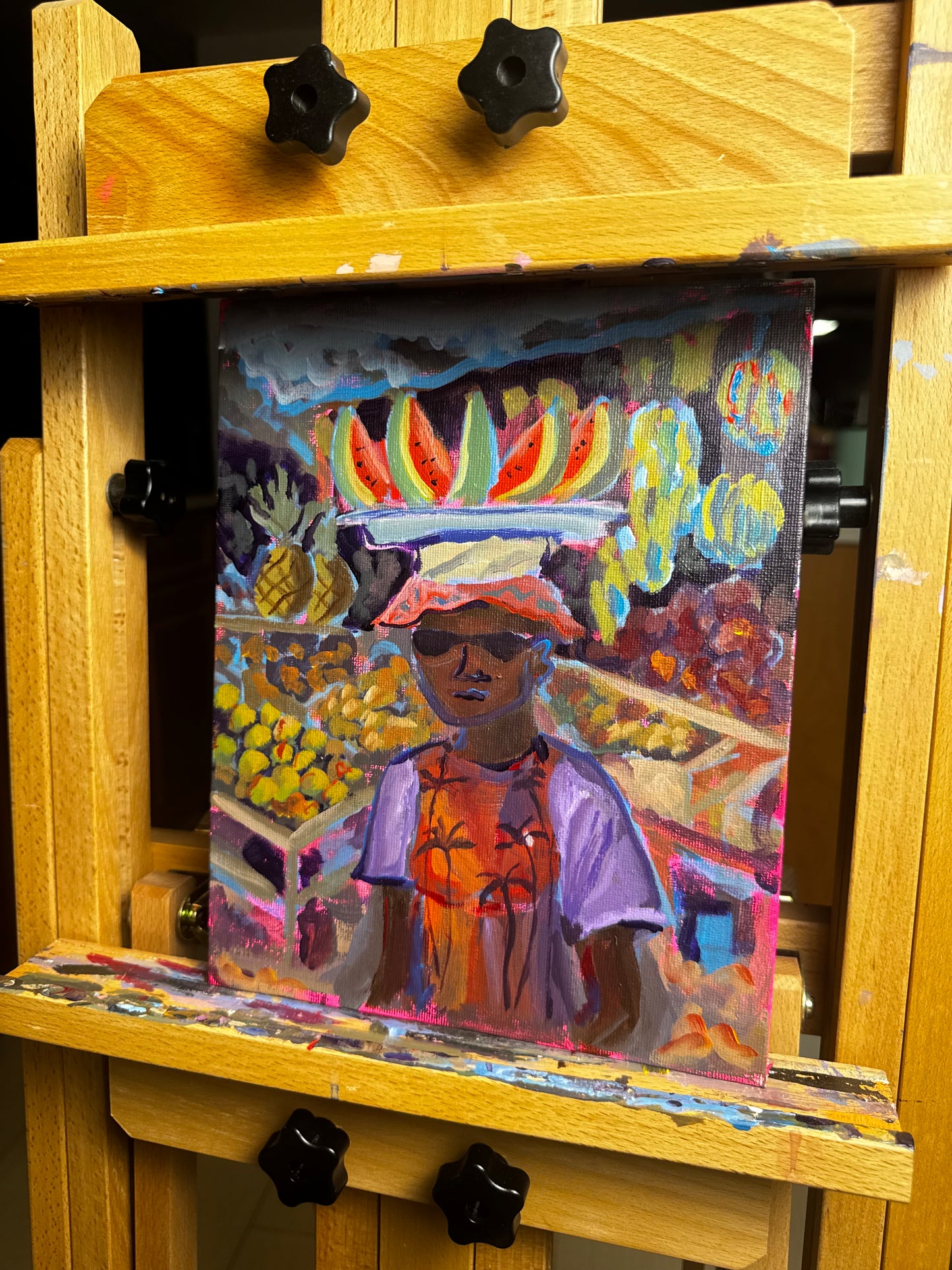 Colorful abstract painting on a wooden easel