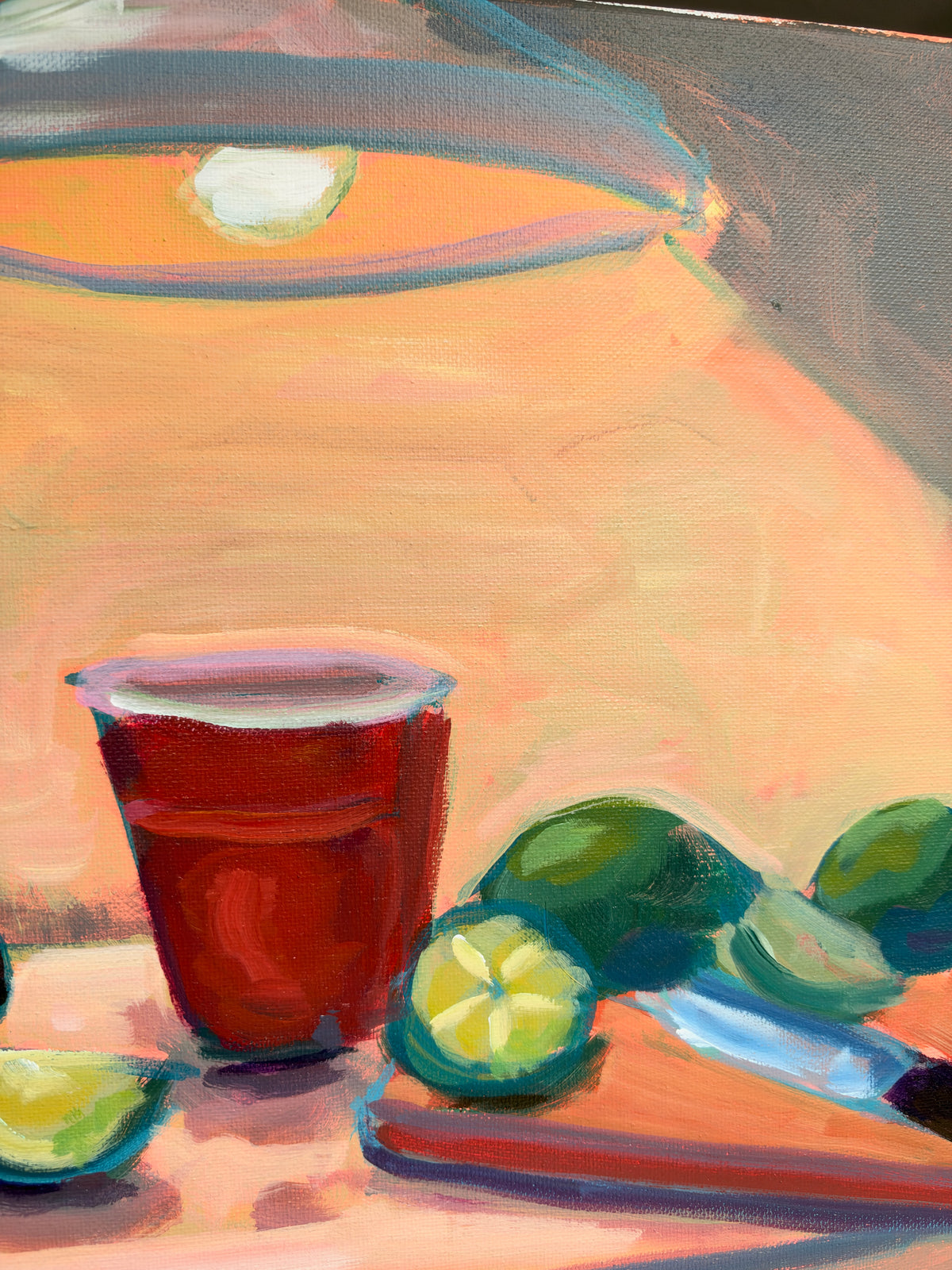 An expressive painting of a red plastic cup filled with red liquid, surrounded by green limes and lime slices on a table under a warm orange light.