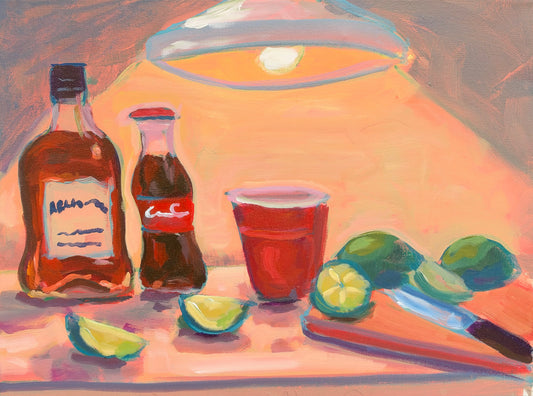 painting of bottles and red cup and green round items that look like limes under a light