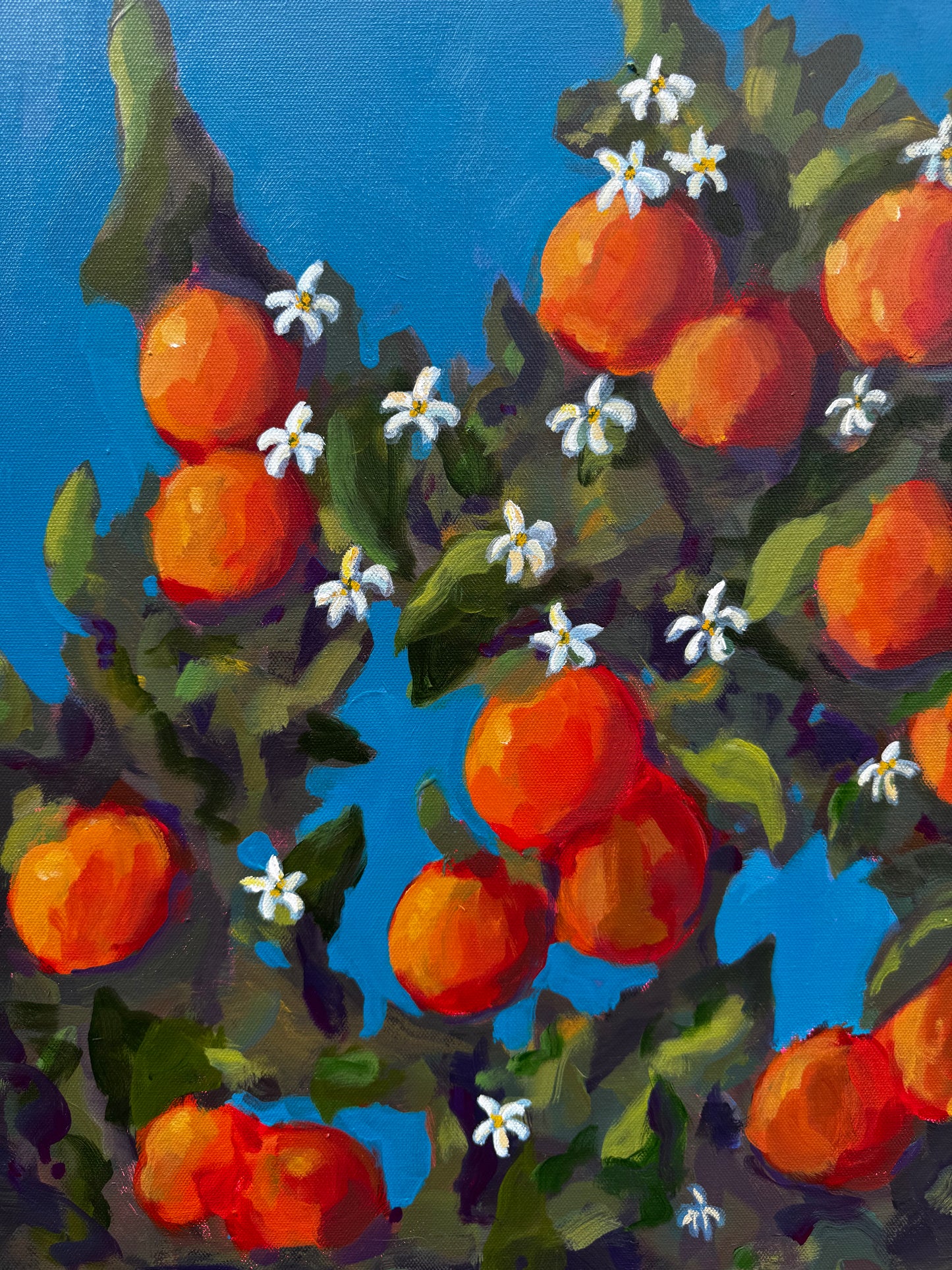 Painting of a branch with oranges and flowers against a blue background