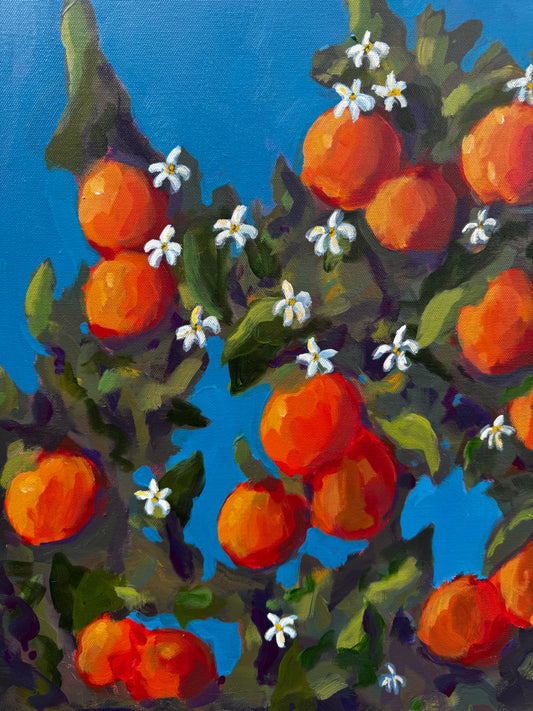 Painting of a branch with oranges and flowers against a blue background