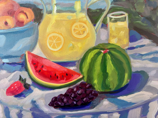 Still life painting of a pitcher of lemonade, watermelon, grapes, and peaches on a table.
