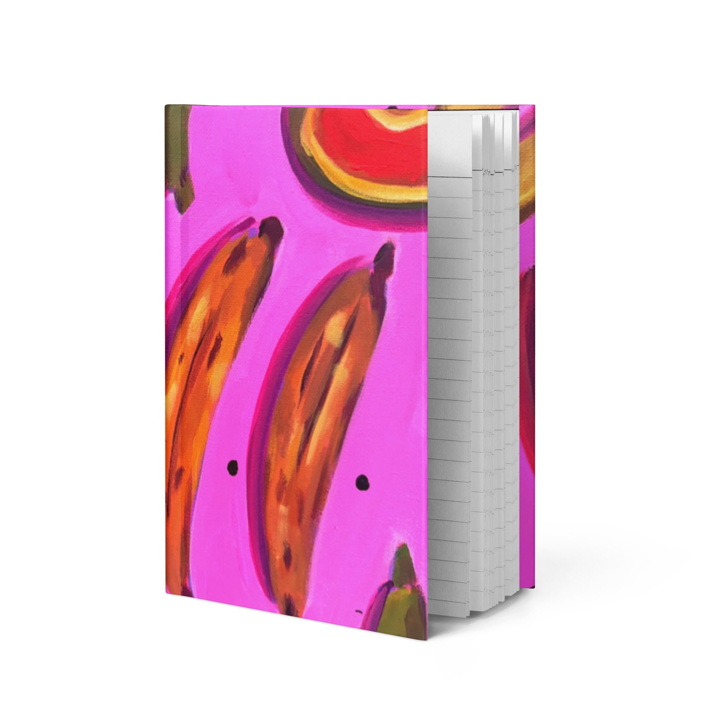 Product mockup - Fruit design with bananas on a hot pink background. Notebook is open and you can see the pages that are lined.