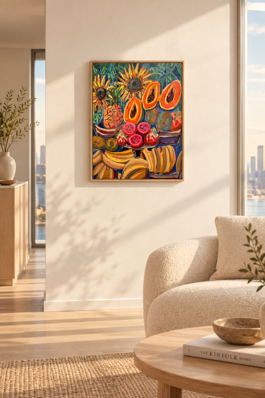 colorful fruit and flower painting on a wall in the living room
