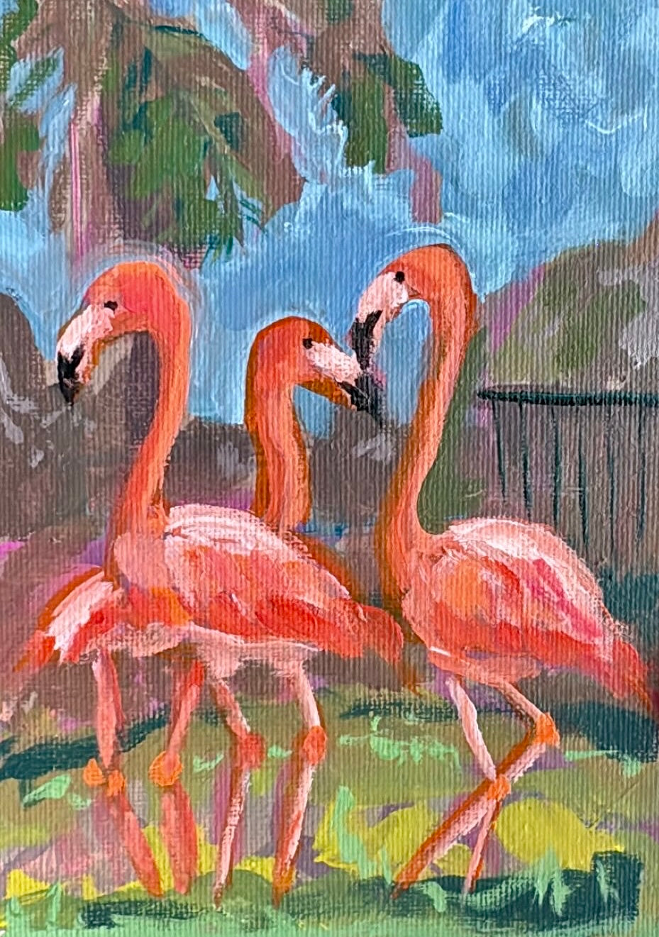 Painting of three pink flamingos standing together with a natural background.