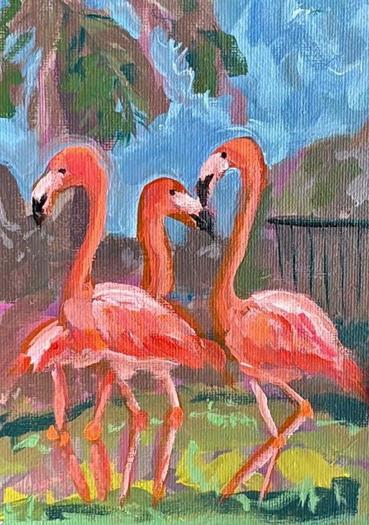 Painting of three pink flamingos standing together with a natural background.