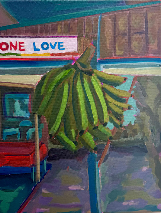 Painting of a green banana bunch hanging in front of a 'One Love' sign, capturing a Jamaican market scene