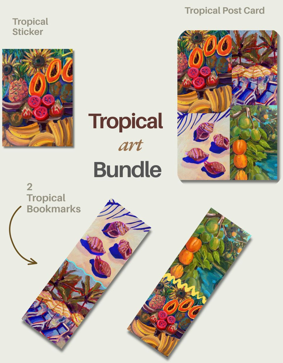 Tropical art bundle with stickers, post card, and bookmarks by Rachel Ching Art on a white background.
