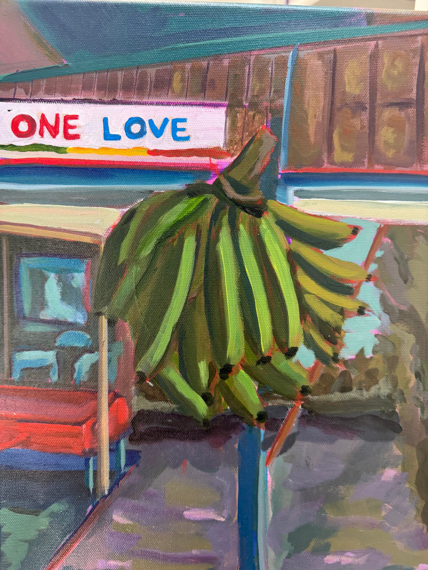One Love, Green Banana Painting 11x14 (Jamaican Art)