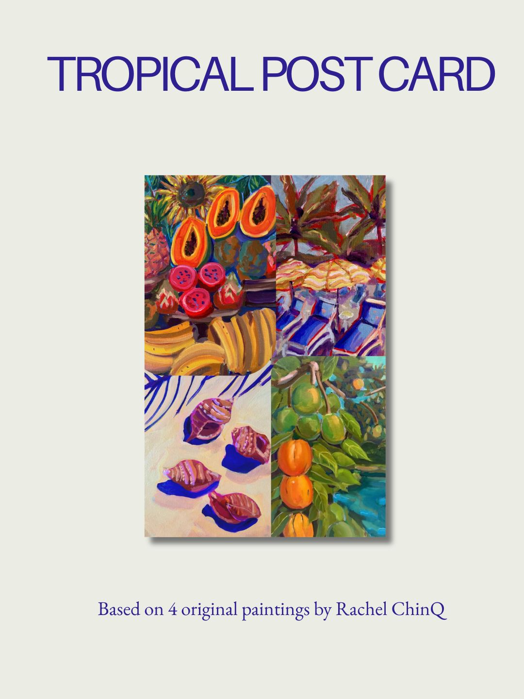 Tropical-themed postcard with colorful artwork on a white background