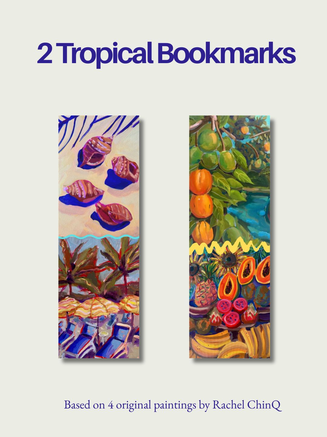 Two tropical-themed bookmarks with colorful designs on a white background, featuring fruits and plants.