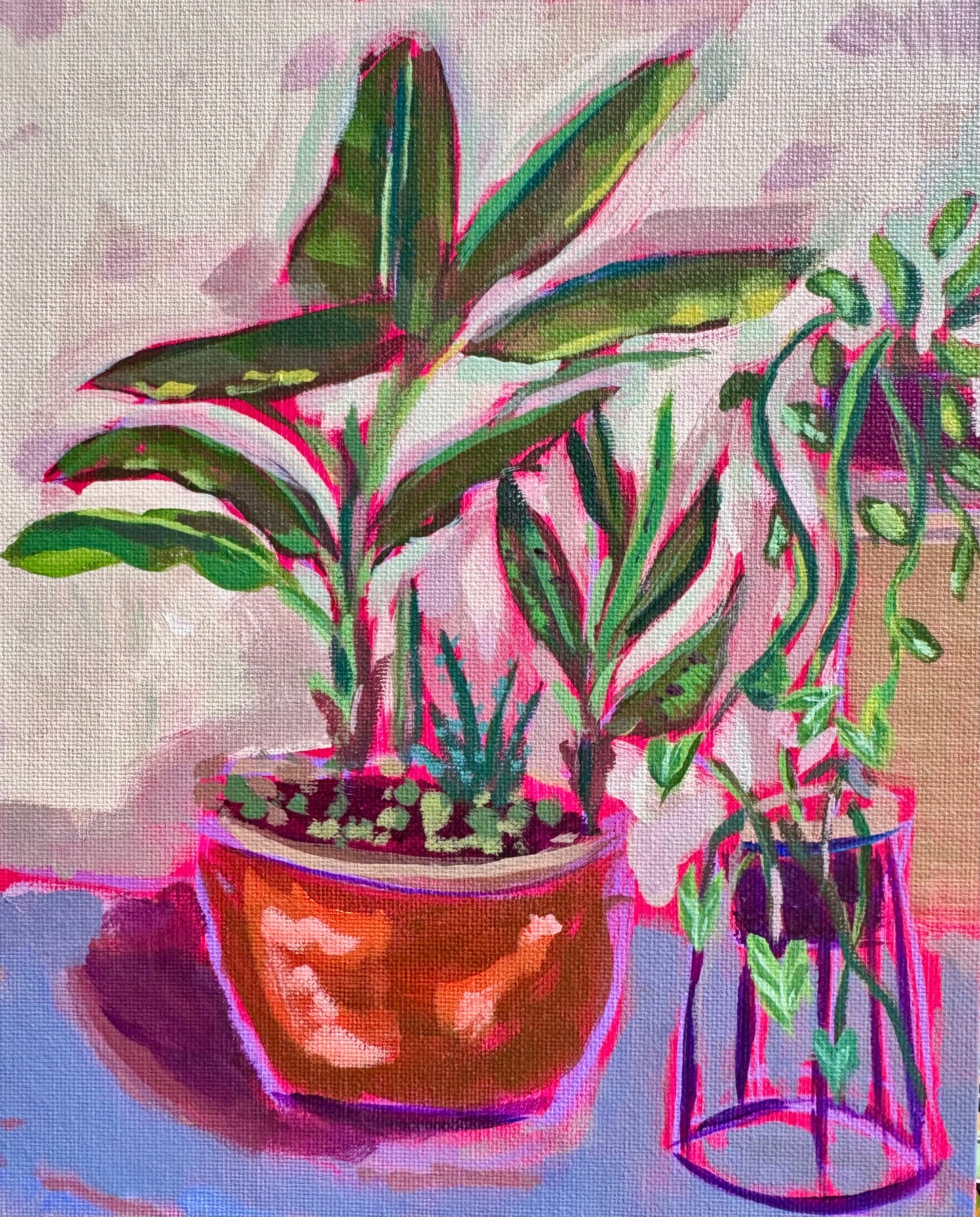 Artistic depiction of potted plants with a colorful abstract background banana tree painting