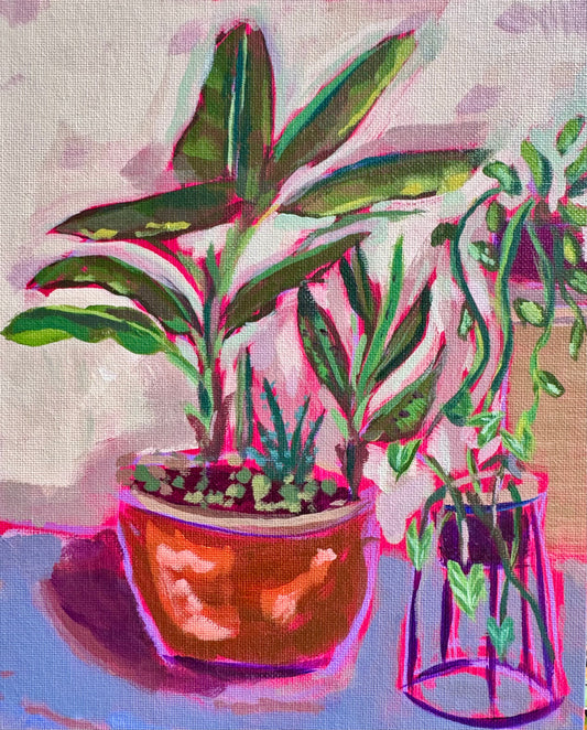 Artistic depiction of potted plants with a colorful abstract background banana tree painting
