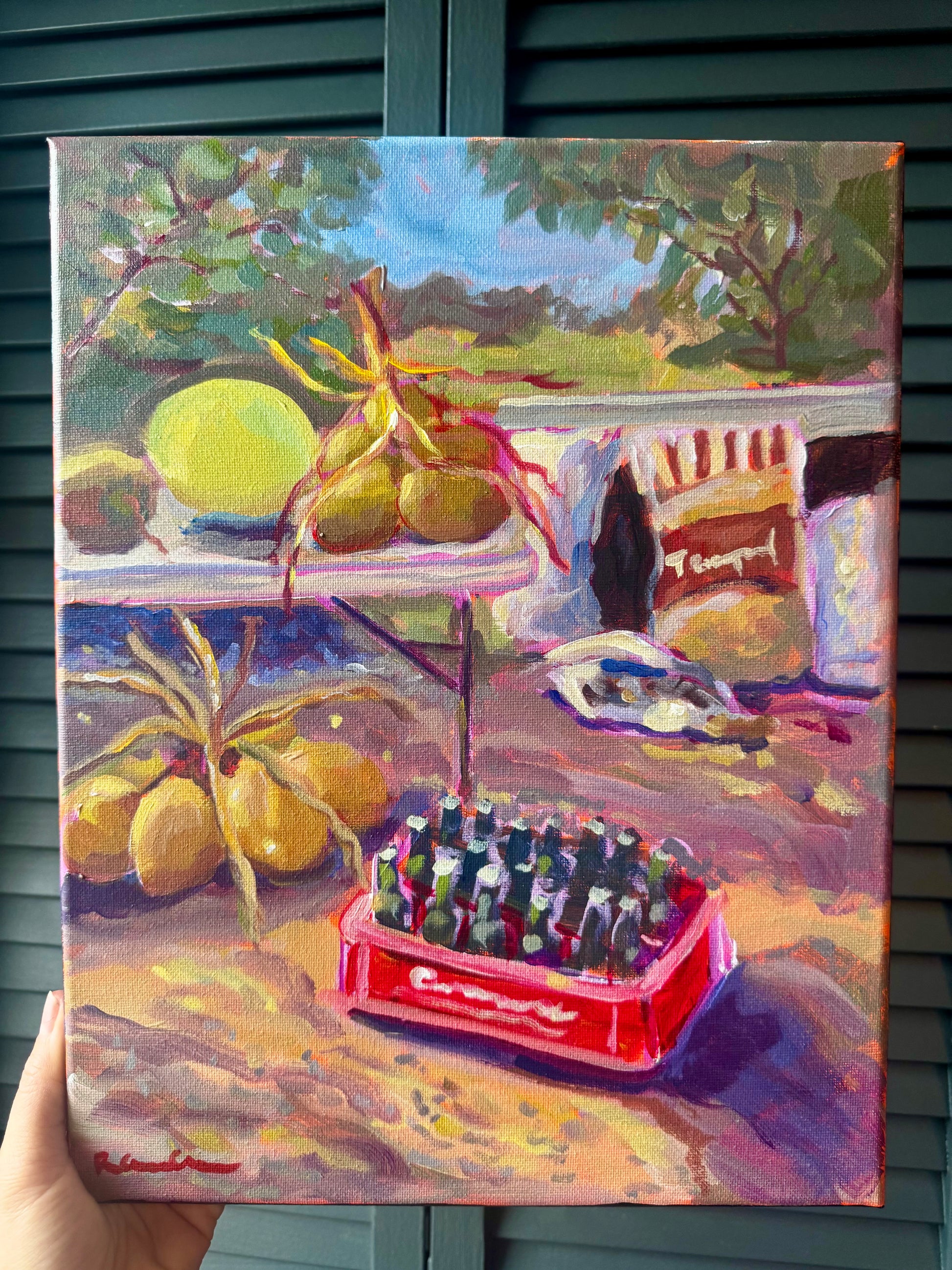 Painting of a still life scene with lemons, a bottle, and a red crate.
