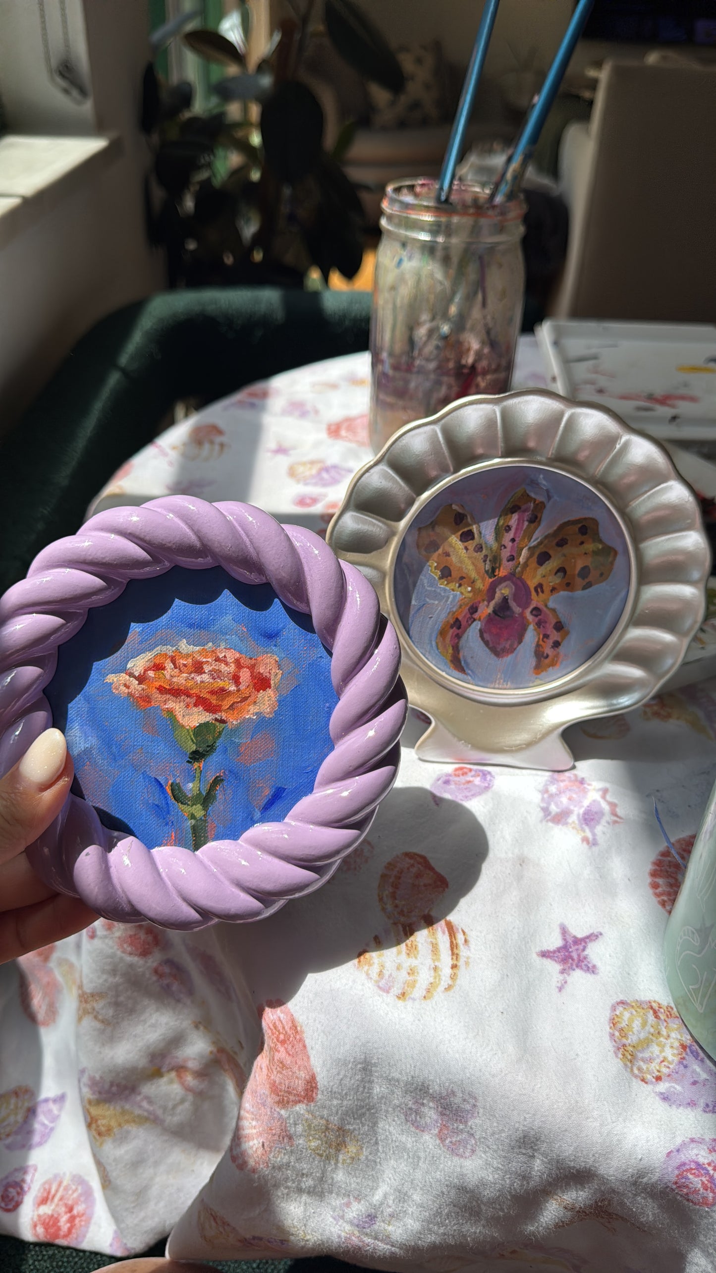 Original Painting - Carnation in purple thrifted frame