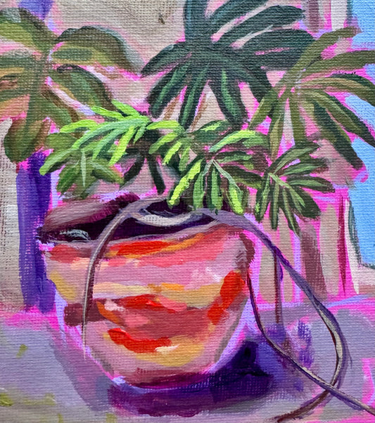Painting of a plant in a colorful pot with a abstract background monstera plant art