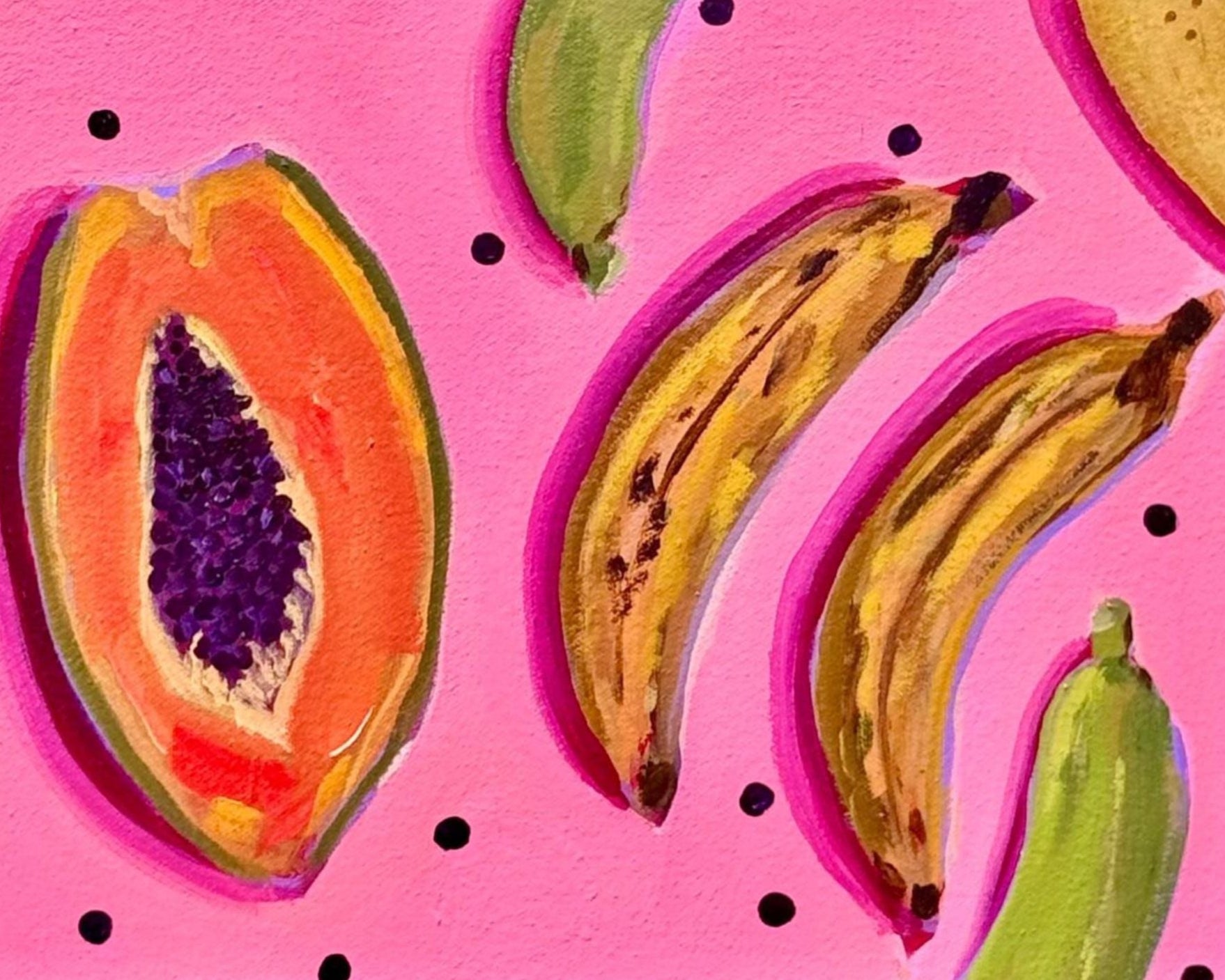 A vibrant painting of various tropical fruits including what appears to be a papaya, plantains, tropical fruits, all set against a pink background.