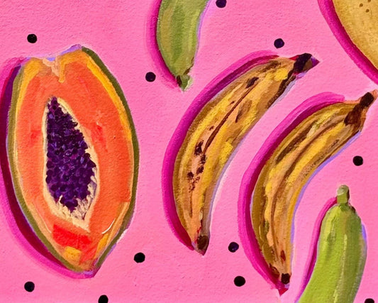 A vibrant painting of various tropical fruits including what appears to be a papaya, plantains, tropical fruits, all set against a pink background.