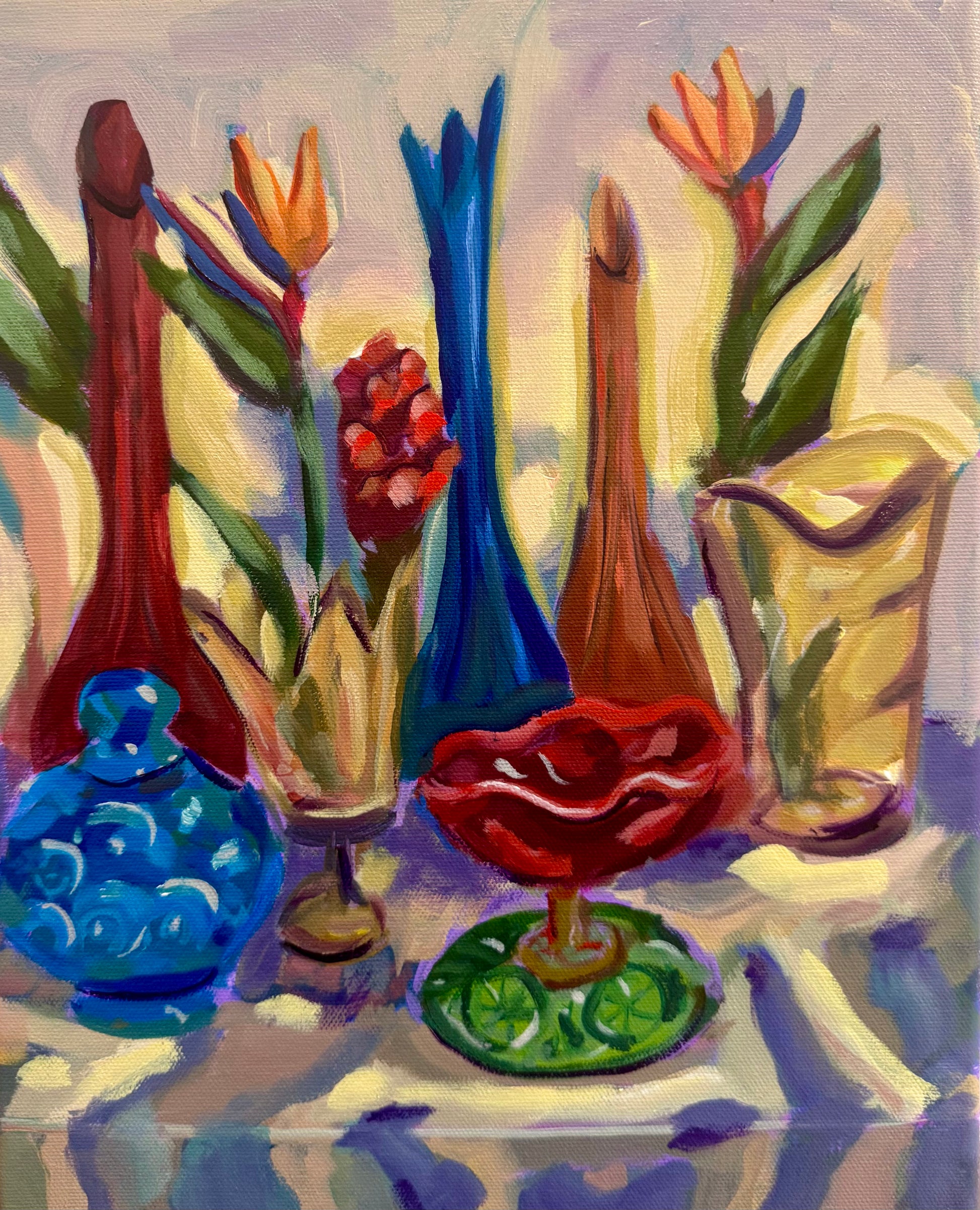 Colorful still life oil painting with tropical flowers and vases on a table