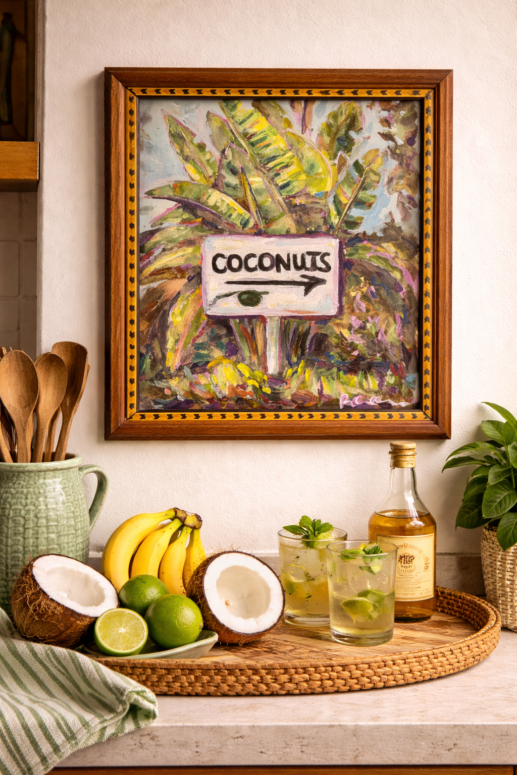 Original Painting - Coconut Sign  - Florida 8x10 Thrifted Framed