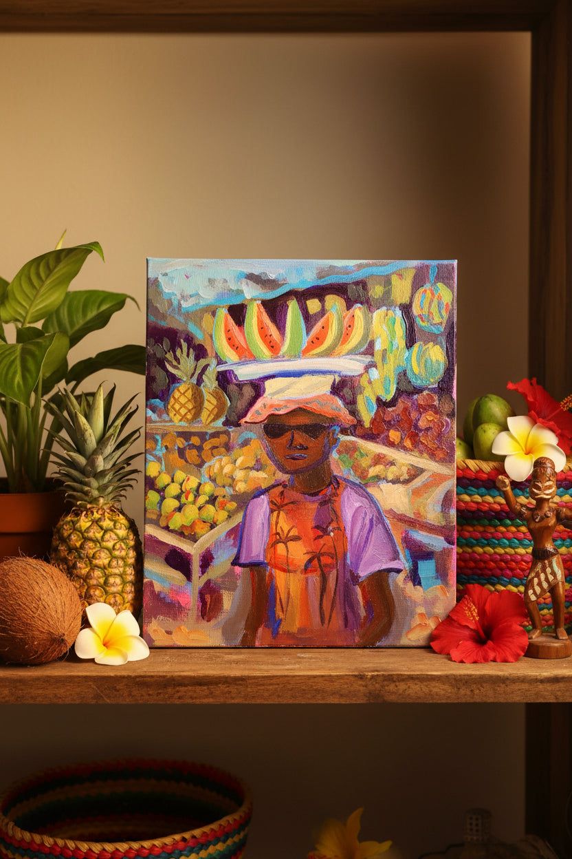 staged painting of man with watermelon on his head