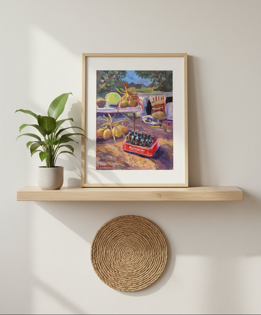 Colorful abstract painting on a wooden surface