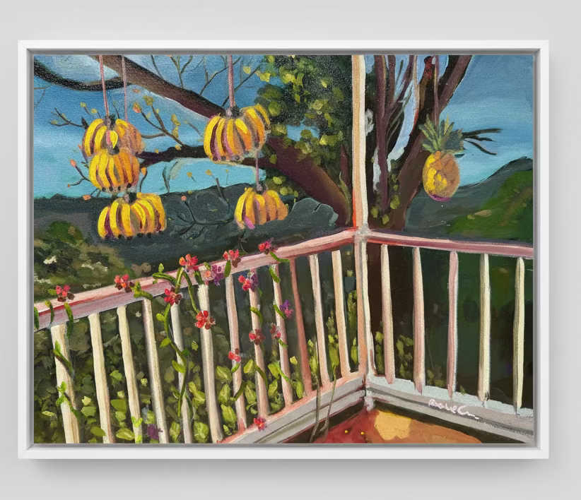 Artistic depiction of hanging pumpkins and flowers on a balcony with a scenic background.