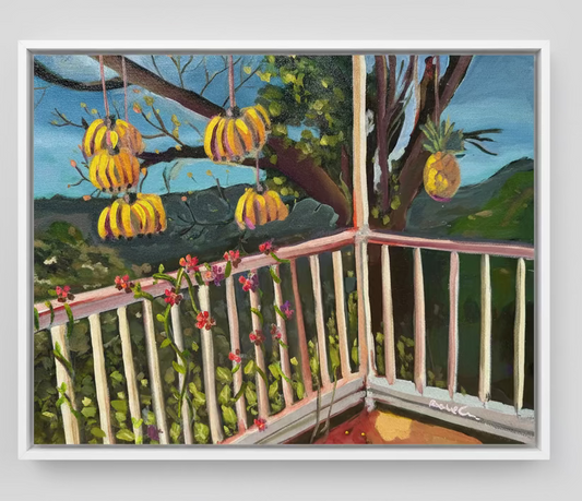 Artistic depiction of hanging pumpkins and flowers on a balcony with a scenic background.