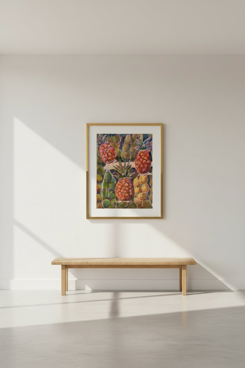 Colorful painting of pineapples and lemons with a tropical feel.