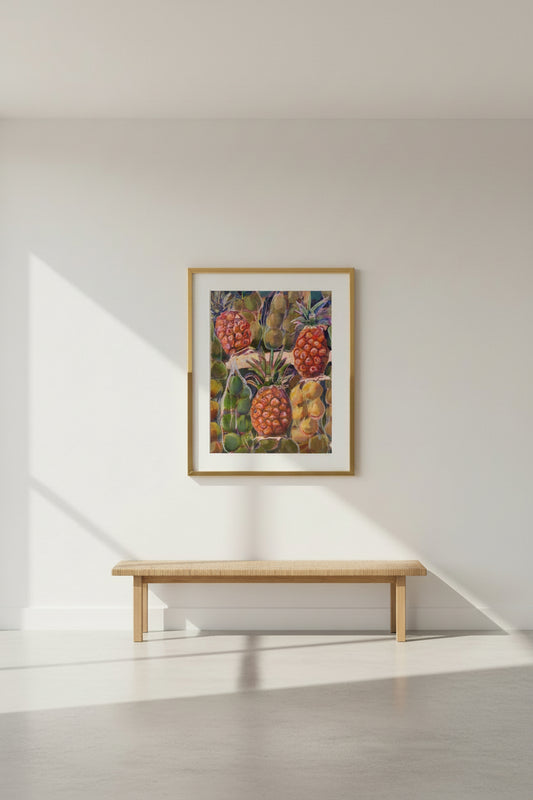 Colorful painting of pineapples and lemons with a tropical feel.