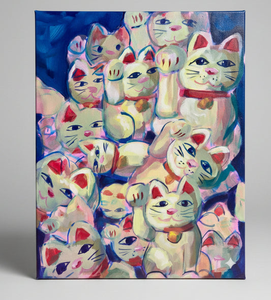 Artistic depiction of multiple waving cats with colorful backgrounds