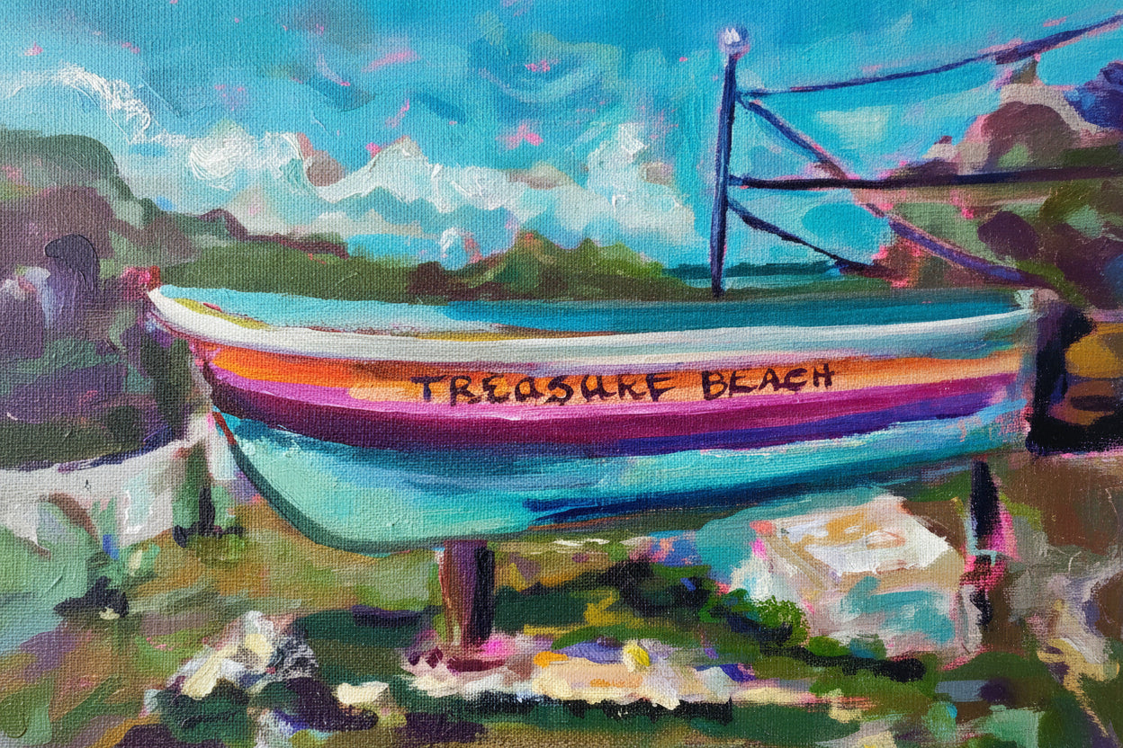 Painting of a boat with 'Treasure Beach' on it, set against a scenic background.