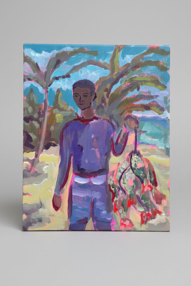 photo of painting of man holding fish on a beach