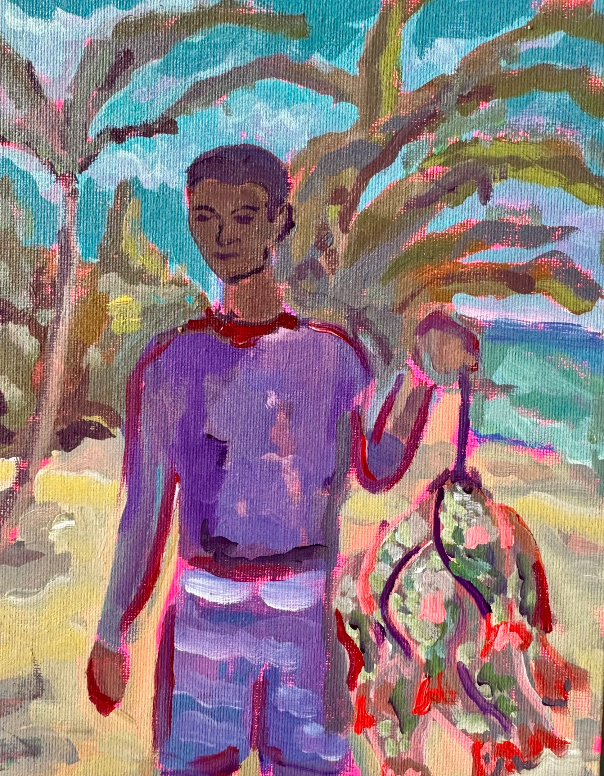 Colorful abstract painting of a person with a bicycle and palm trees