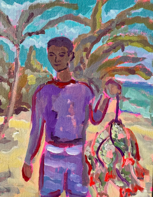 Colorful abstract painting of a person with a bicycle and palm trees