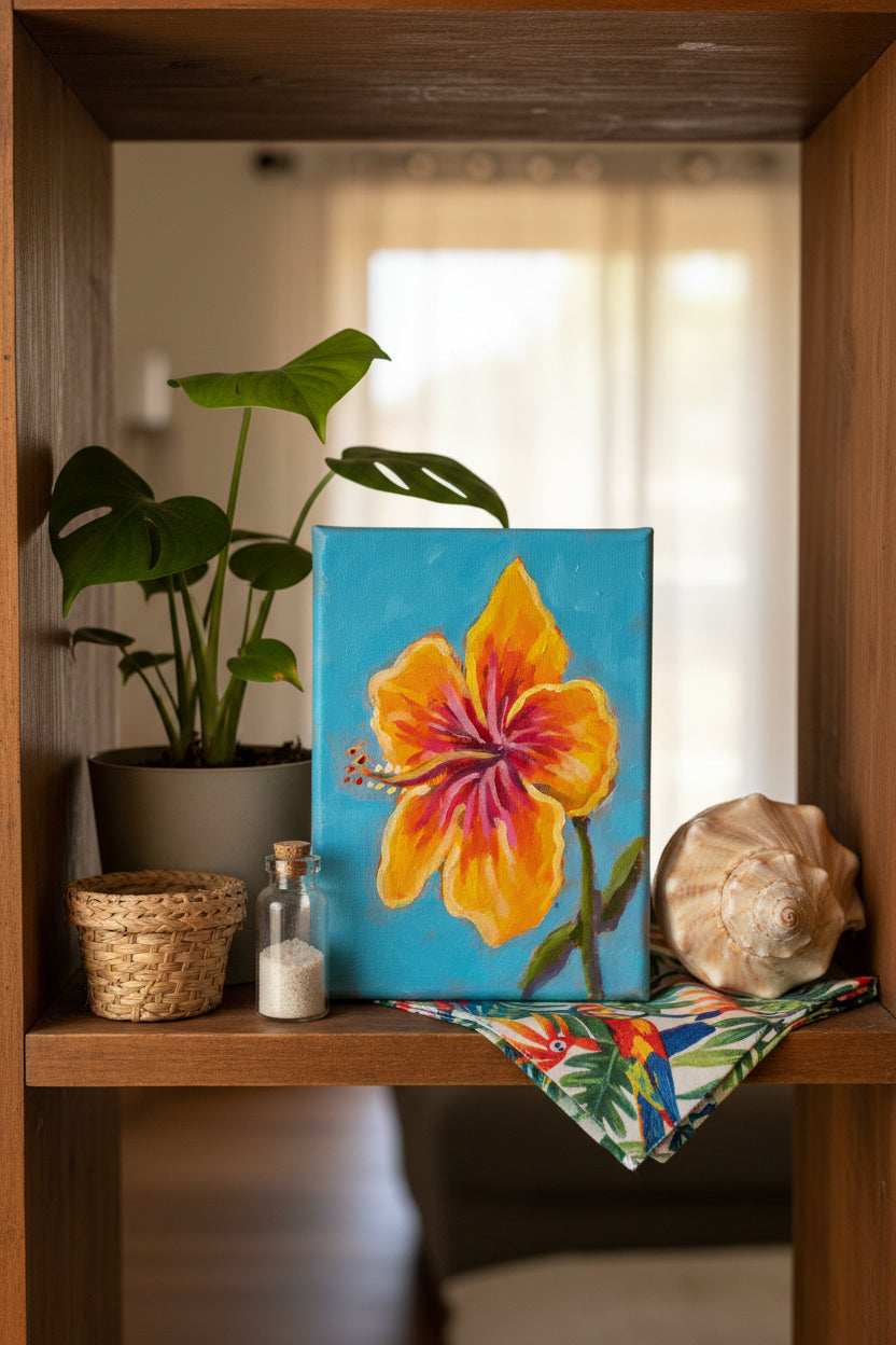 Painting of a yellow flower on a blue background held in front of green foliage.