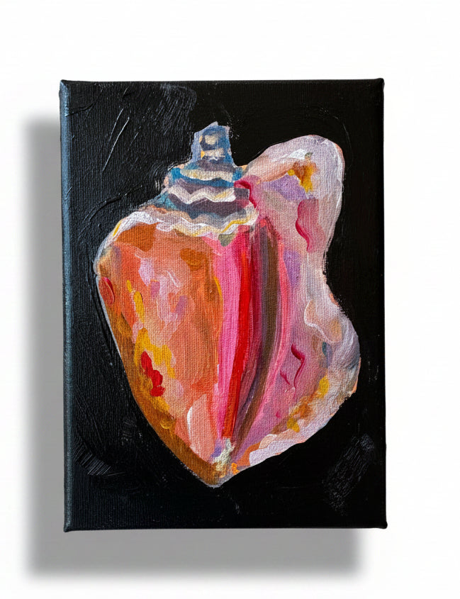 Painting of a colorful shell on a black background