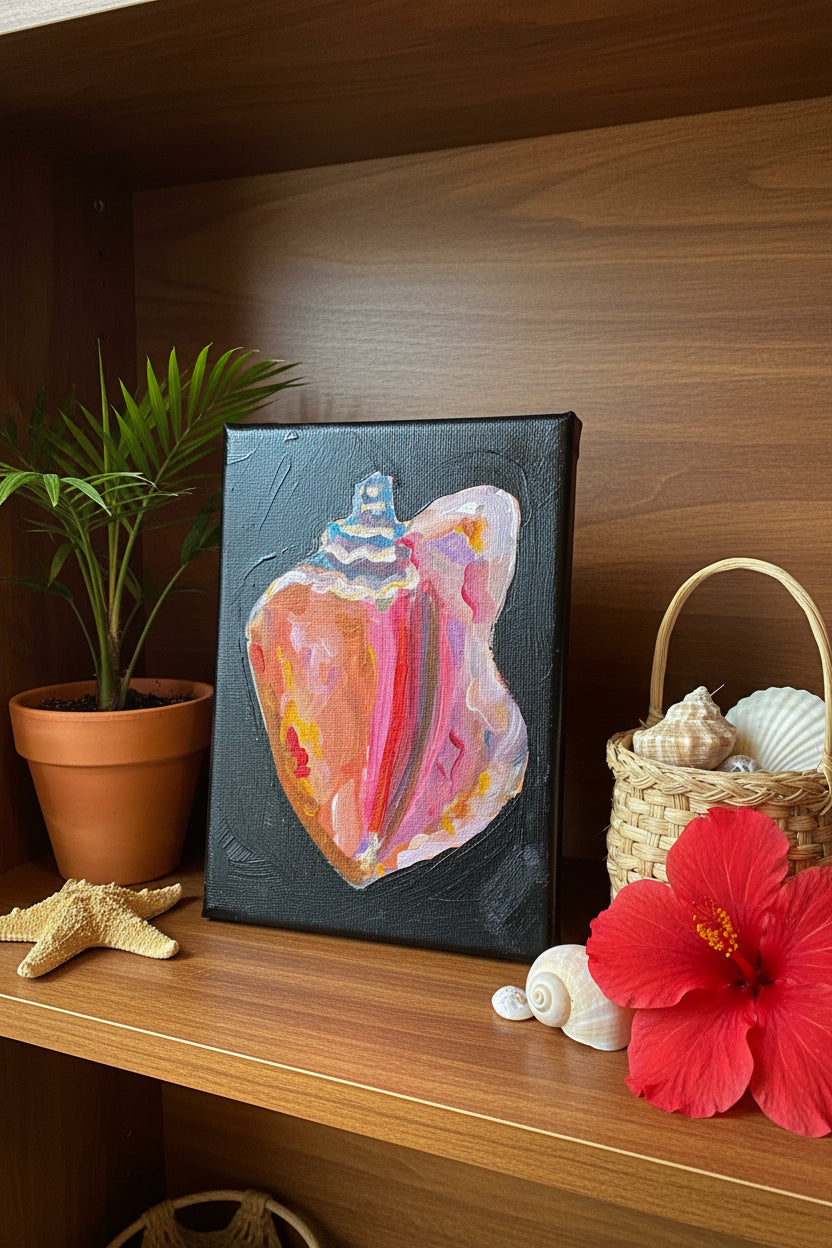 Painting of a colorful shell on a black background