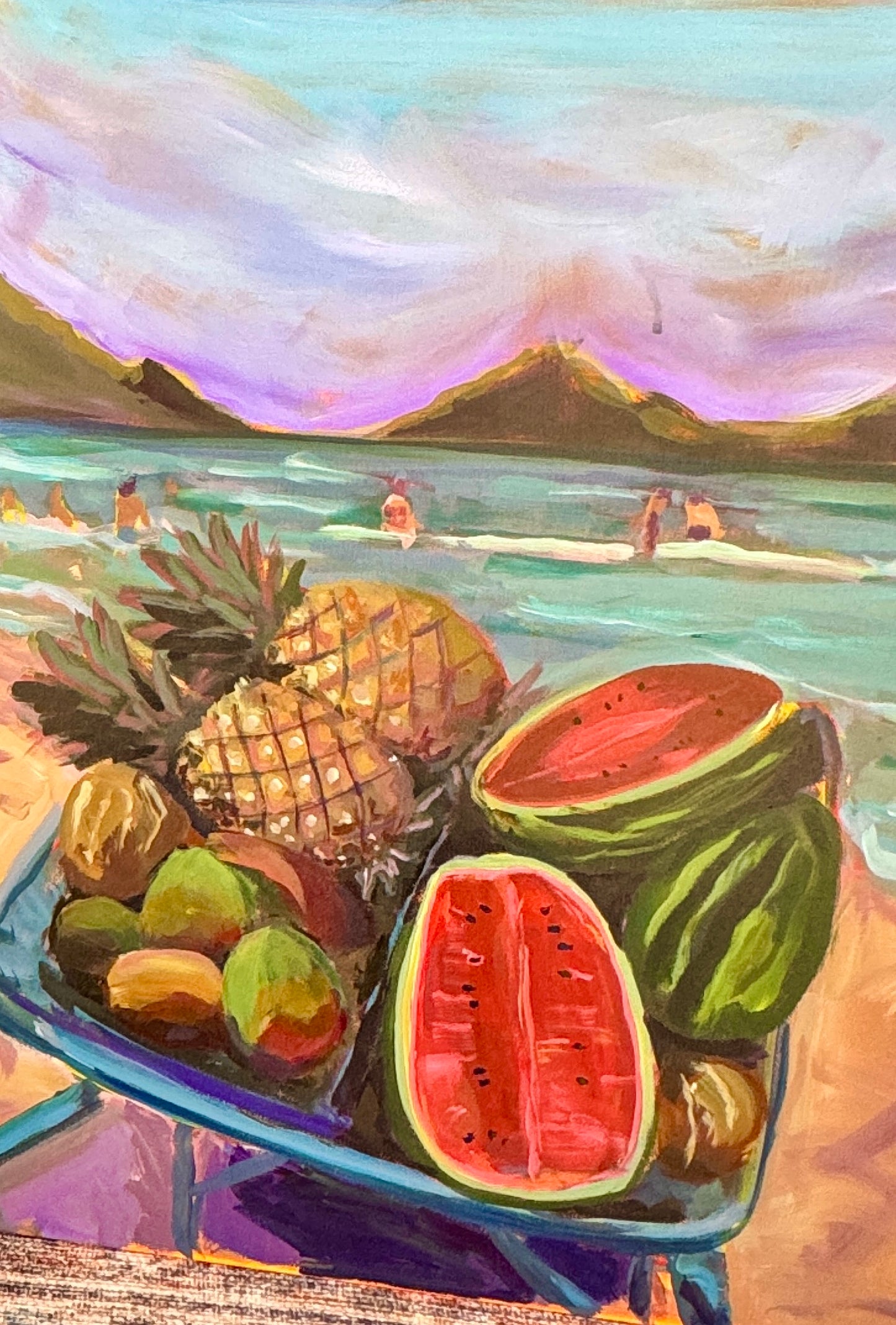 A colorful painted beach scene with watermelons, pineapples, and other fruit in the foreground, ocean waves and swimmers in the middle, and mountains under a purple sky in the background.