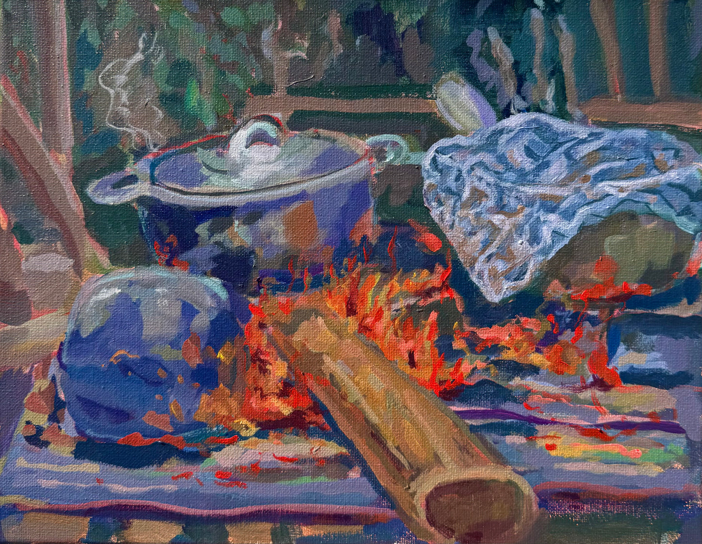 Painting of pots on a fire with a blue cloth draped over them