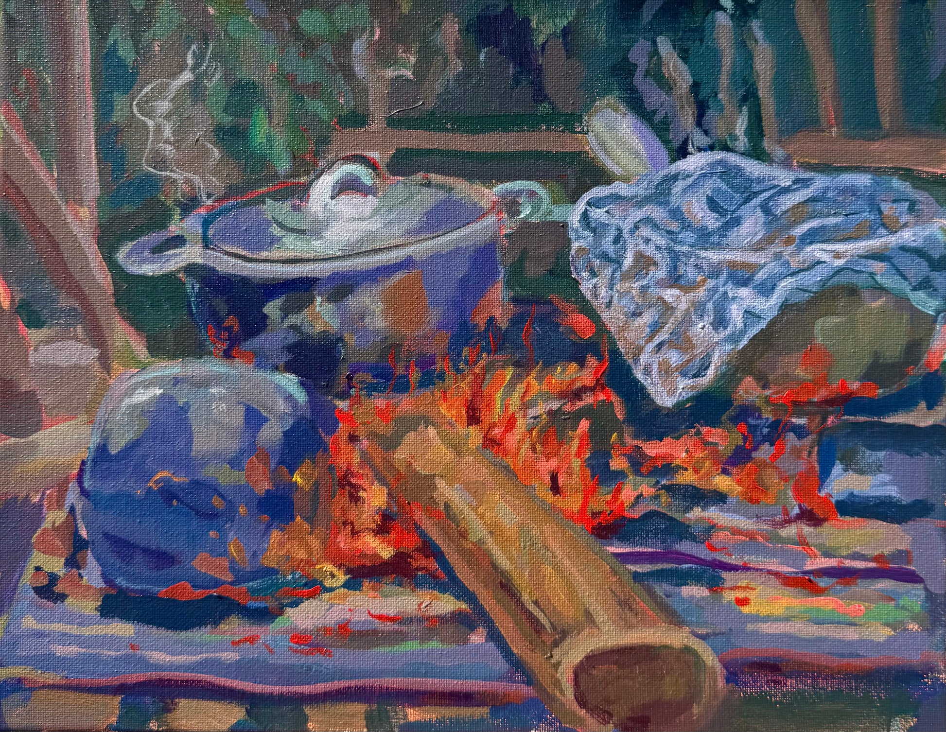 Painting of pots on a fire with a blue cloth draped over them