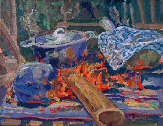 Painting of pots on a fire with a blue cloth draped over them