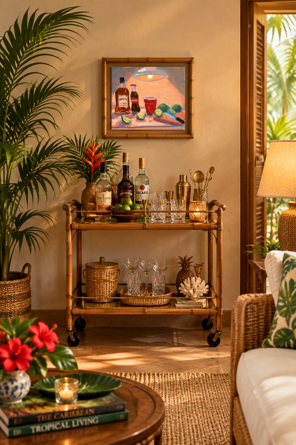 A colorful acrylic painting of a still life scene featuring liquor bottles, a glass of red drink, limes, and a cutting board, displayed on a light-colored sofa in a living room setting.