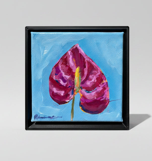 Artistic depiction of a pink flower with a blue background