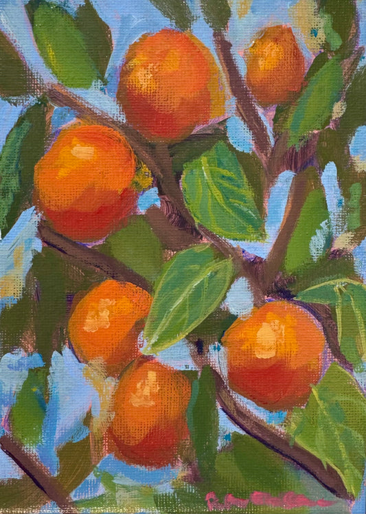 Painting of oranges on a branch with green leaves against a blue sky.