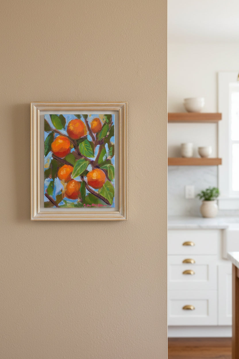 Painting of oranges on a branch with green leaves against a blue sky.